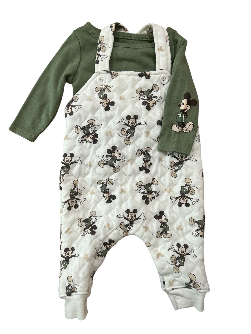 Disney Green Long Sleeve Tee with Cream Mickey Quilted Overalls